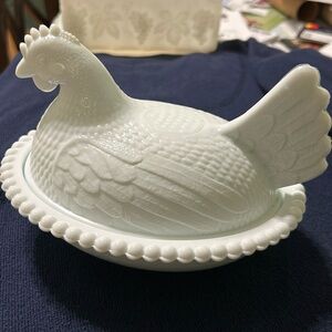 Vintage White Milk Glass Covered Chicken Dish